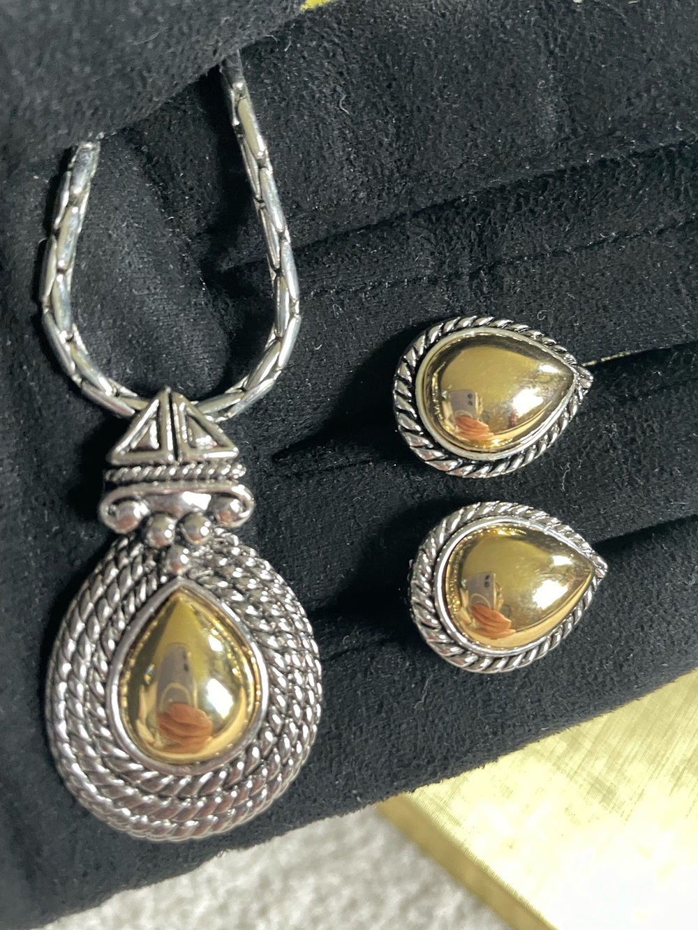 Vintage Premier Designs Two-Tone Teardrop Pendant Necklace & Clip Earrings
